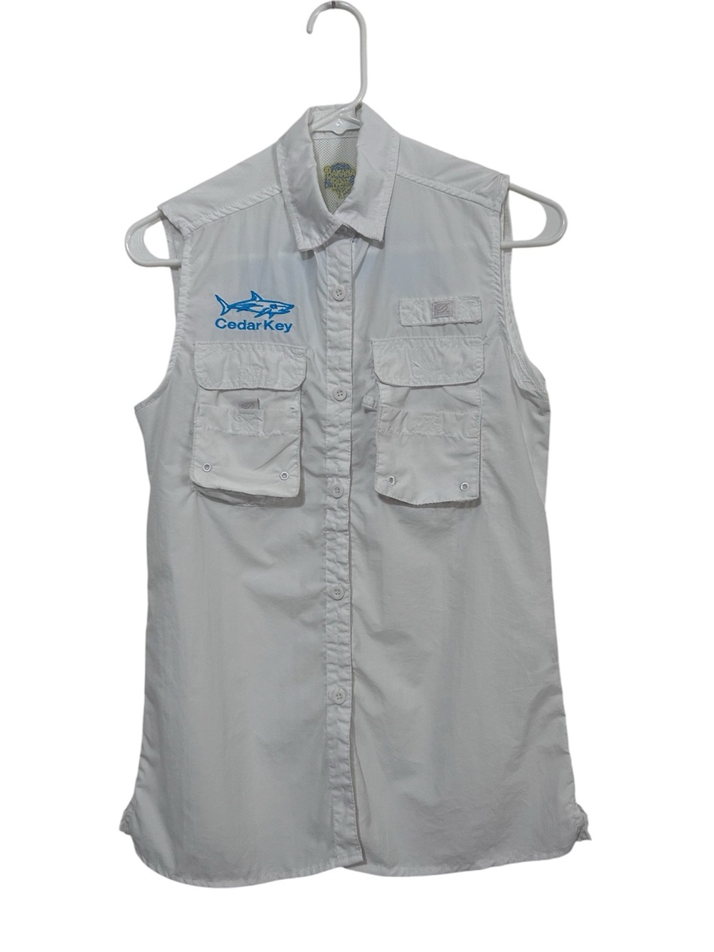 Banana Bay Cedar Key White Sleeveless Shark Fishing Shirt - Small